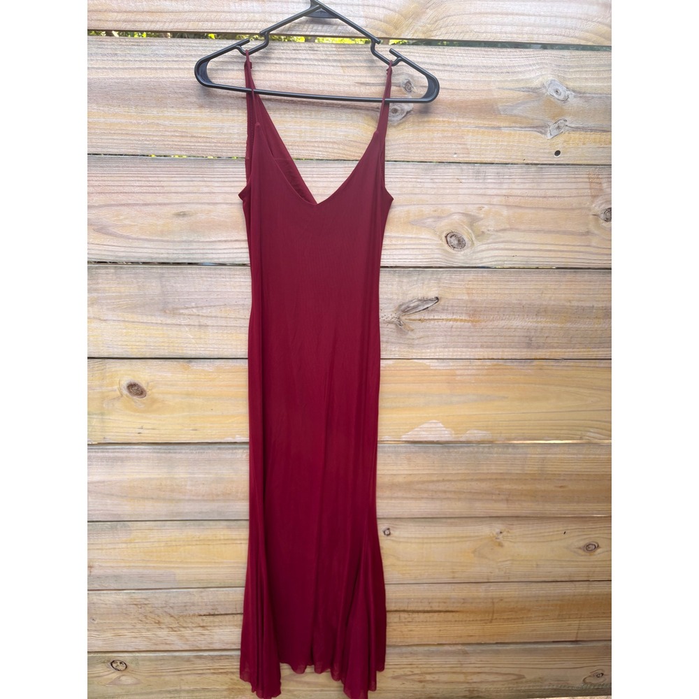 Burgundy Cowl Back V-Neck Mesh Maxi Dress Petite XS Wine Red Spaghetti Strap